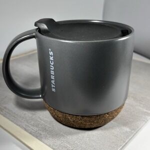 Starbucks 2016 Ceramic Gray Black Coffee Mug‎ with Cork Bottom & Travel Lid 12oz